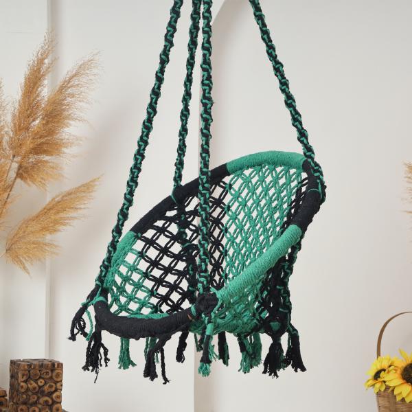 Hammock Swing Hanging Chair uyyala jula for Adult Kids Indoor Outdoor Balcony Sturdy Cotton Rope Swing Chair for Indoor, Outdoor, Bedroom - Green & Black