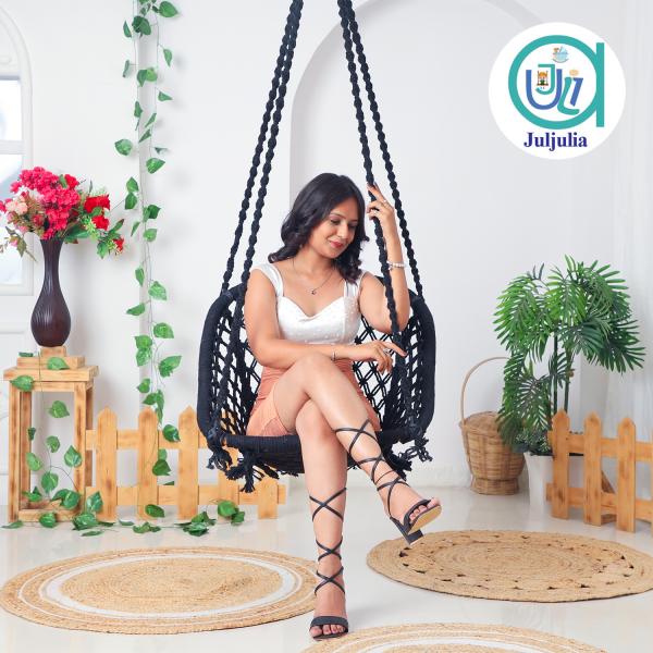 C-Shape Hammock Swing Hanging Chair uyyala jula for Adult Kids Indoor Outdoor Balcony Sturdy Cotton Indoor/Outdoor Jula for Balcony, Weave Max 80 kg - Black