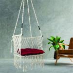 Handcrafted Macrame Hanging Swing Chair with Red Cushion