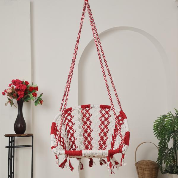 C-Shape Hammock Swing Hanging Chair uyyala jula for Adult Kids Indoor Outdoor Balcony Sturdy Cotton Indoor/Outdoor Jula for Balcony, Weave Max 80 kg - Red & White