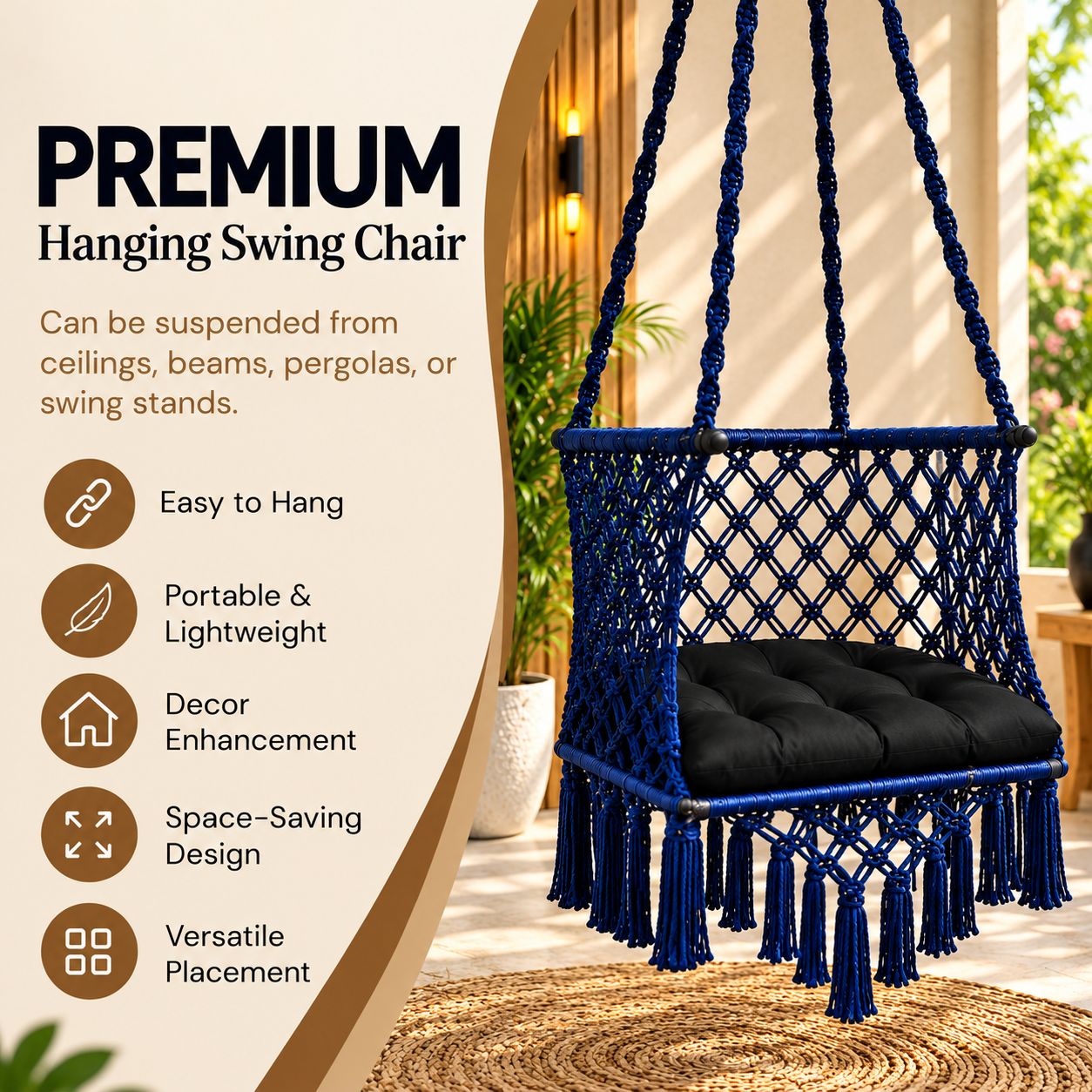 JULJULIA Blue Macrame Hanging Swing Chair