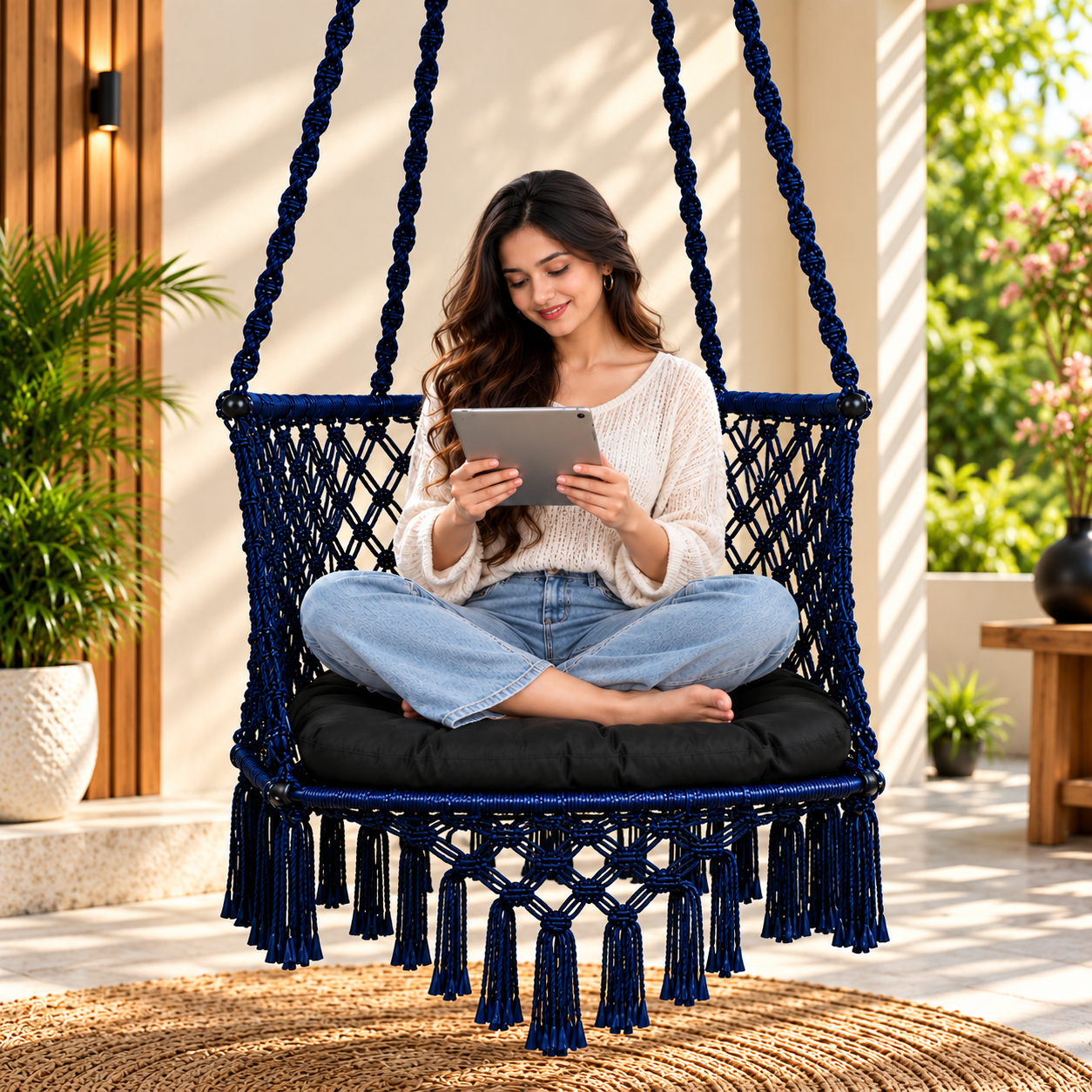 JULJULIA Blue Macrame Hanging Swing Chair