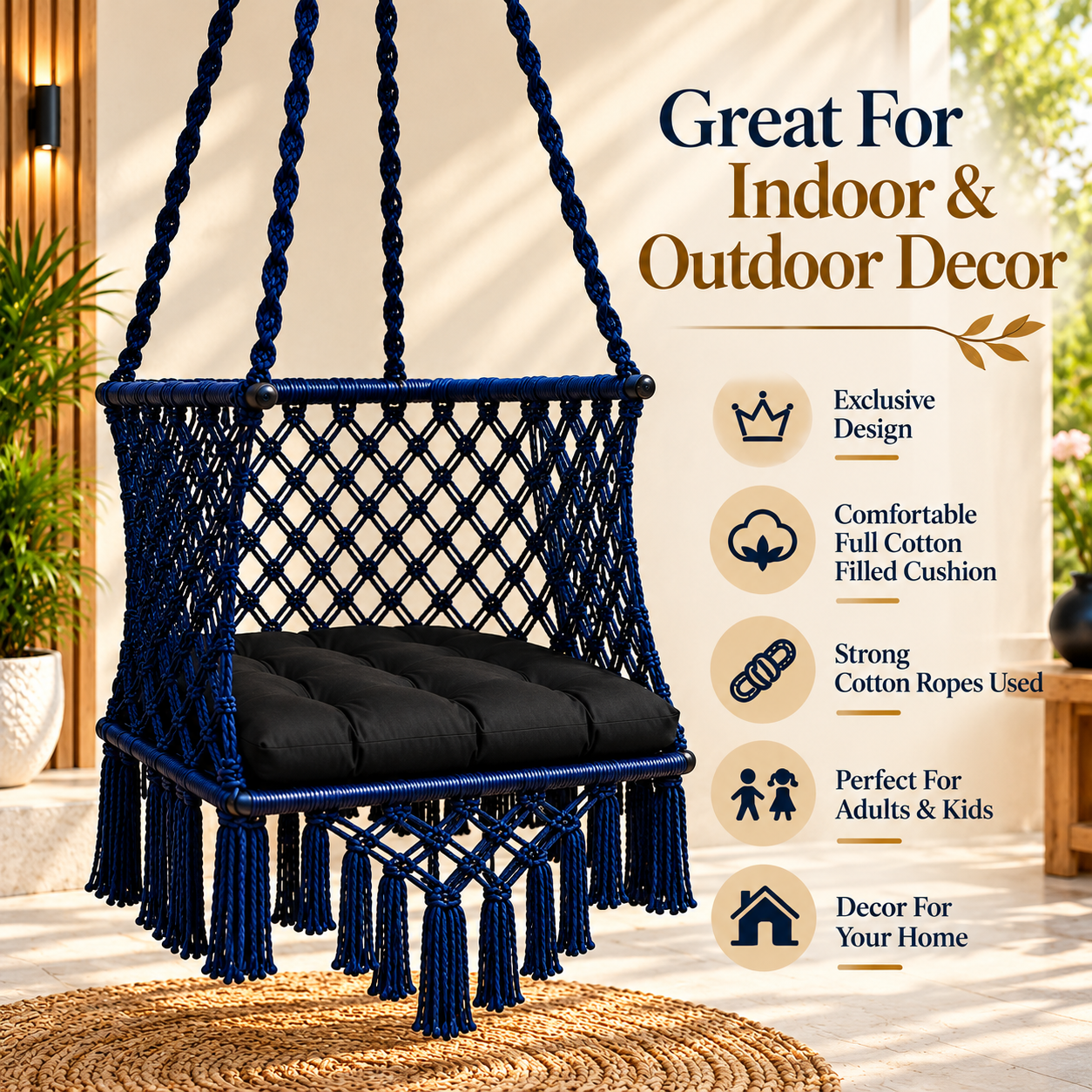 JULJULIA Blue Macrame Hanging Swing Chair