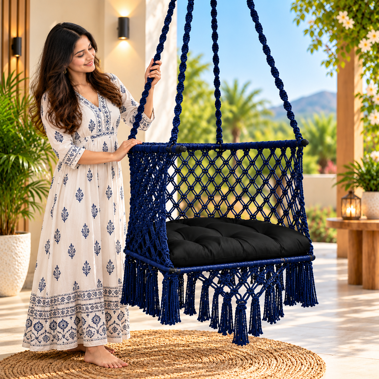 JULJULIA Blue Macrame Hanging Swing Chair