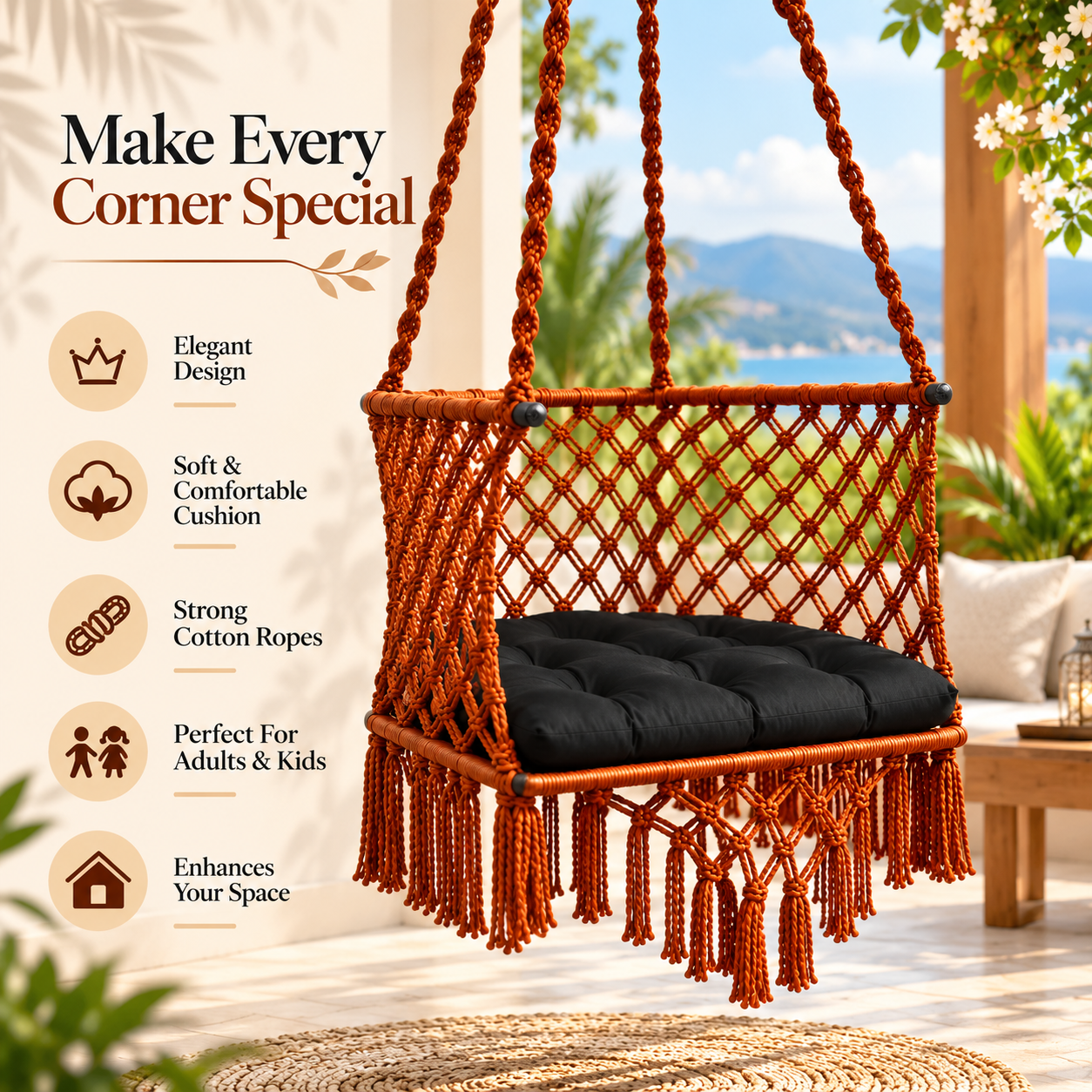 JULJULIA Brown Macrame Hanging Swing Chair