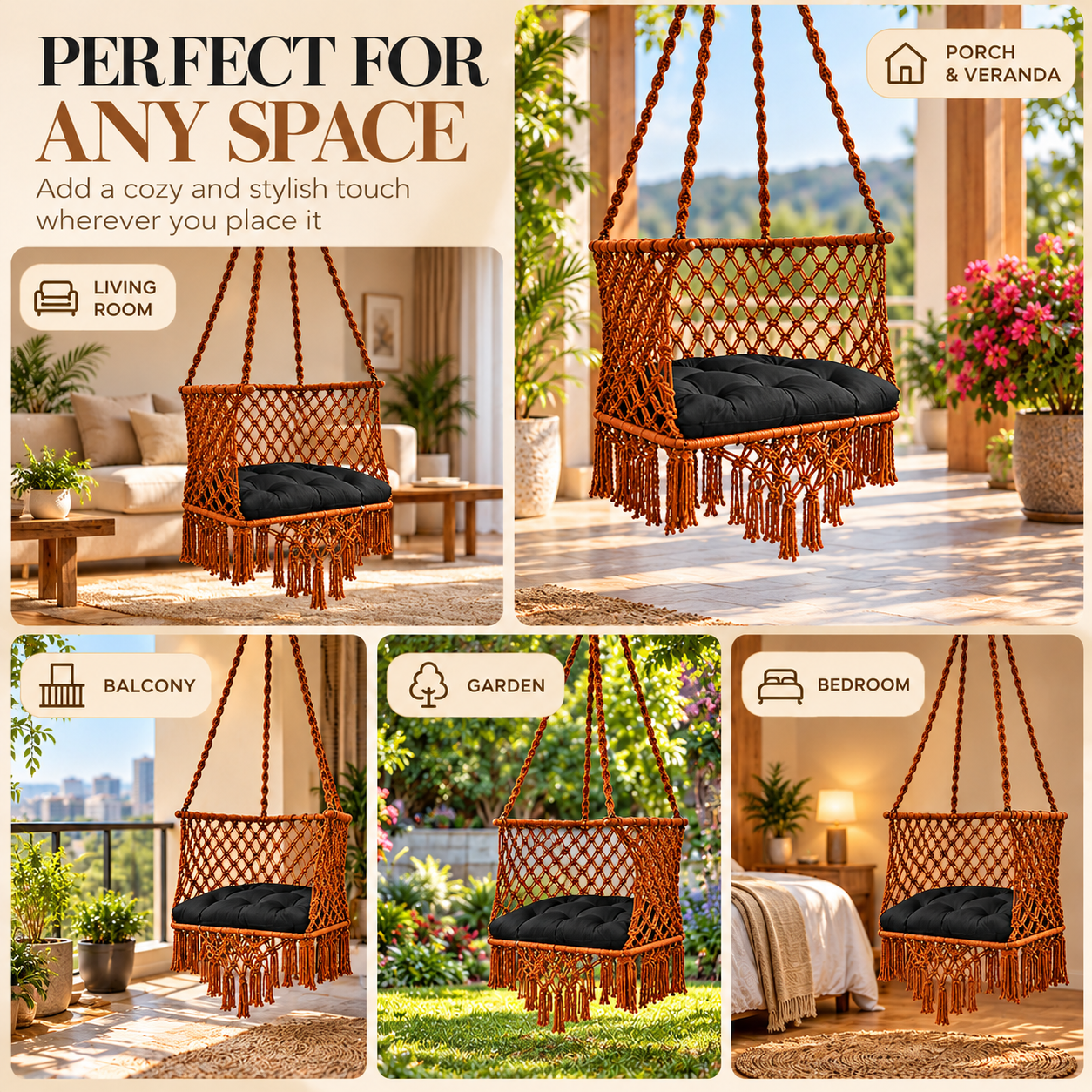 JULJULIA Brown Macrame Hanging Swing Chair