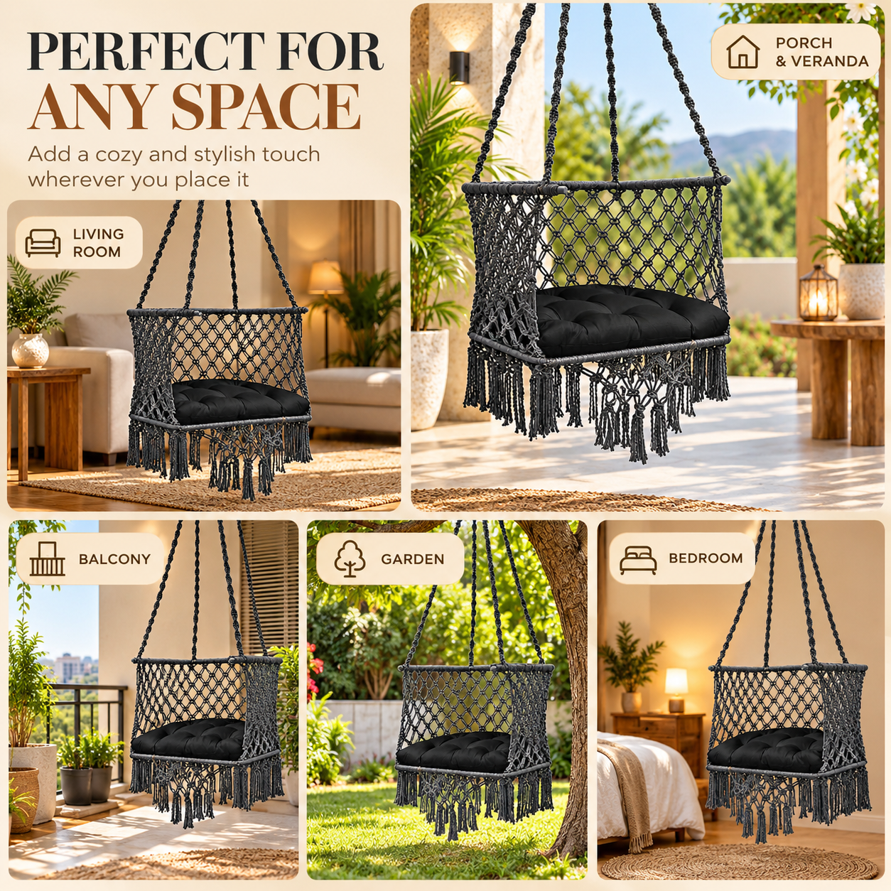 JULJULIA Black Macrame Hanging Swing Chair