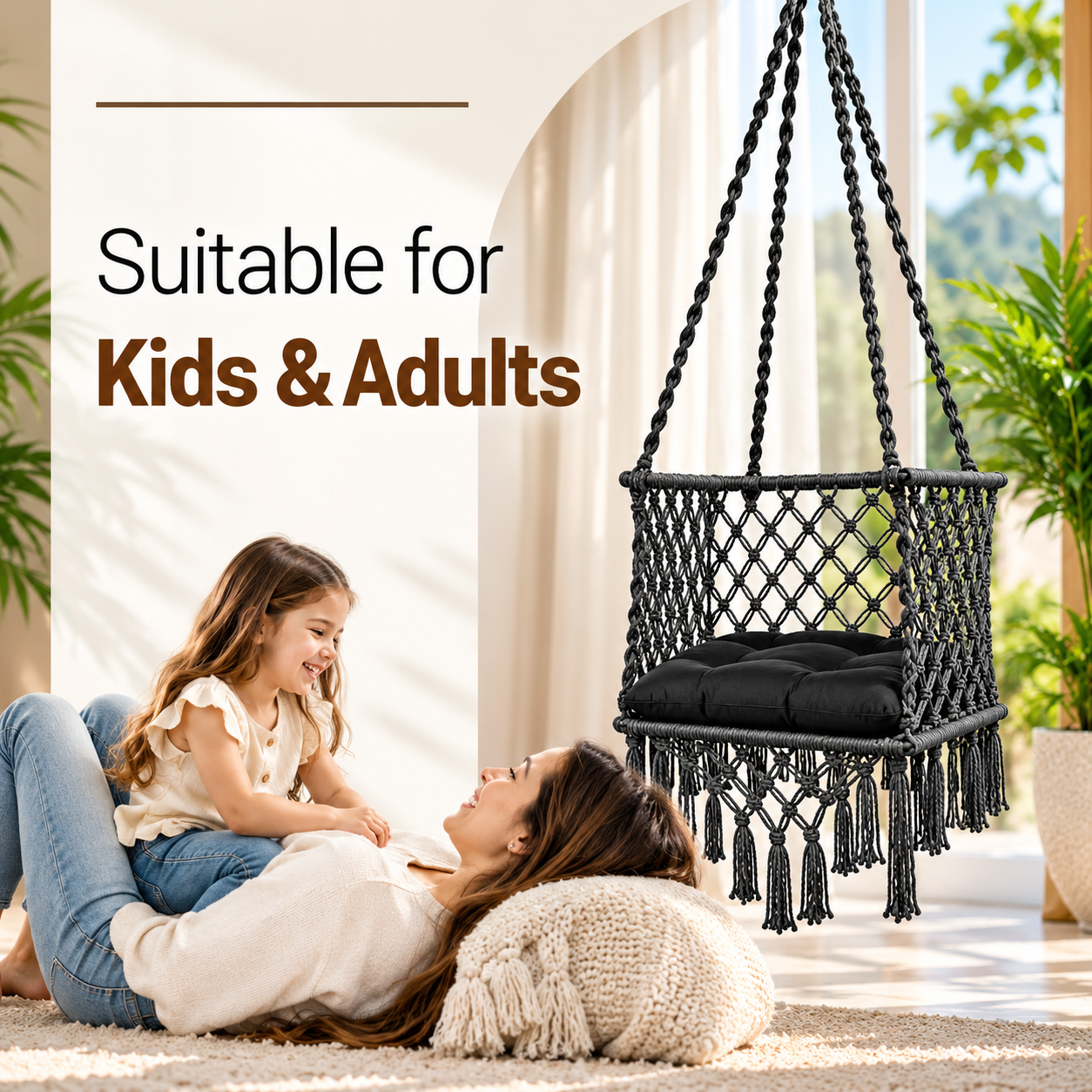 JULJULIA Black Macrame Hanging Swing Chair