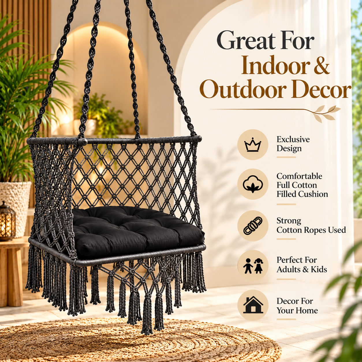 JULJULIA Black Macrame Hanging Swing Chair