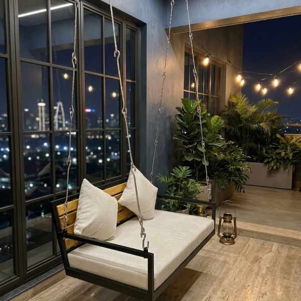 JulJulia Modern Metal Frame Hanging Swing Chair for Indoor Living Room and Balcony | Sustainable Solid TeakWood Plank Base & Premium Off-White Fabric Cushions (2-Seater Jhula)
