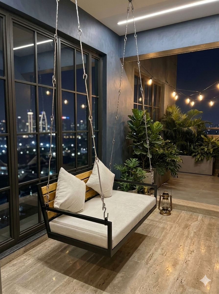 JulJulia Modern Metal Frame Hanging Swing Chair for Indoor Living Room and Balcony | Sustainable Solid TeakWood Plank Base & Premium Off-White Fabric Cushions (2-Seater Jhula)