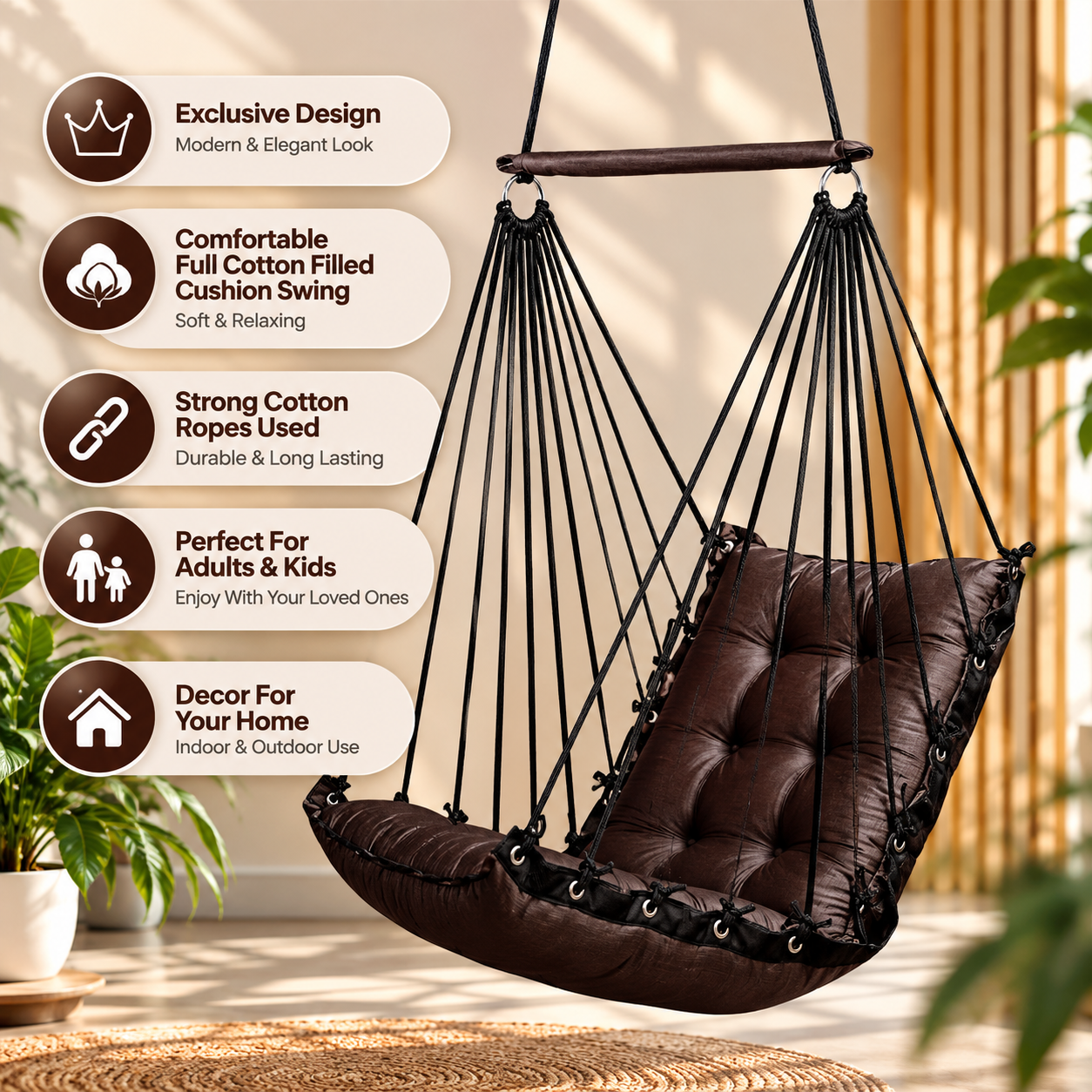 Dark Brown Hanging Swing Chair for Home