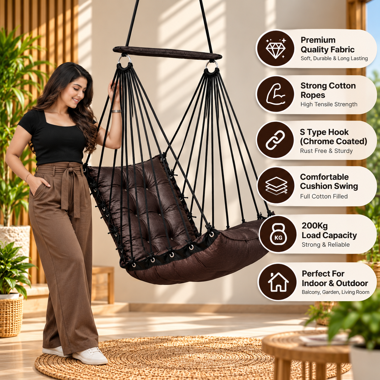 Dark Brown Hanging Swing Chair for Home