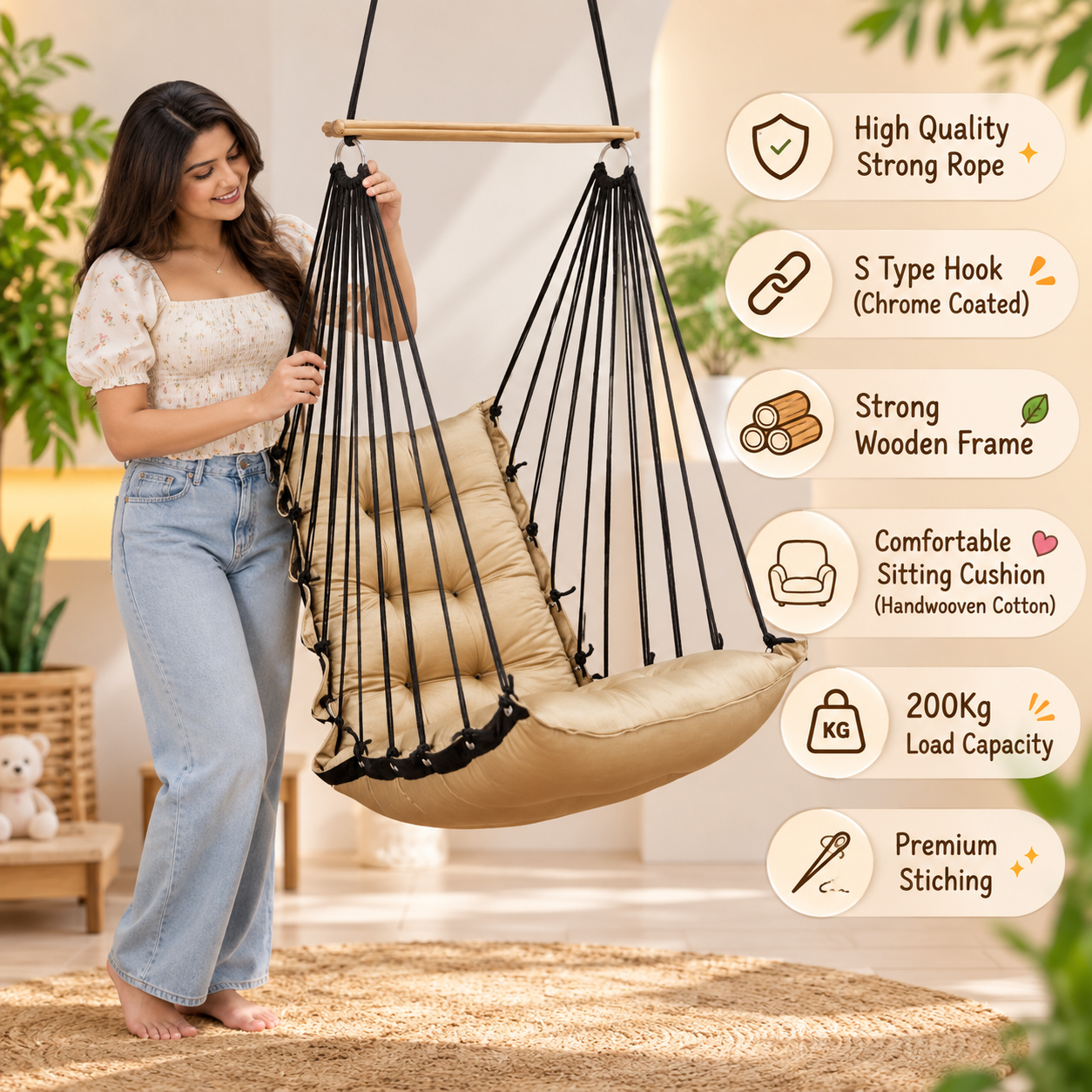Beige Hanging Swing Chair for Home