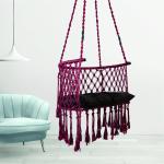 Handcrafted Maroon Macrame C-Shape Hanging Swing Chair with Plush Cushion