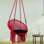 Handcrafted Red Macrame Round Hanging Swing Chair with Cushion