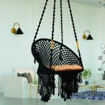 Handcrafted Black Macrame Round Shape Hanging Swing Chair with Cushion