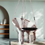Handcrafted Brown & White Macrame Jula Round Shape Hanging Swing Chair with Cushion