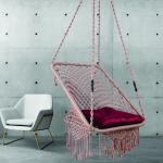 Rose Gold Macrame Hanging Swing Chair with Red Velvet Cushion
