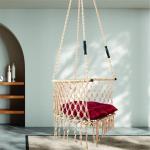 Cream Macrame Hanging Swing Chair with Cushion | Cotton Rope Jula for Indoor & Outdoor | Balcony, Living Room & Garden | Kids & Adults