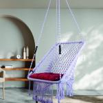 Lavender Macrame Hanging Swing Chair with Red Cushion
