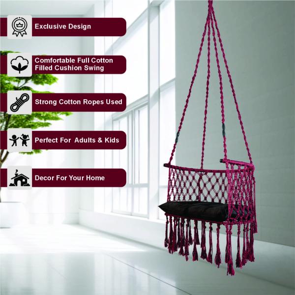 Handcrafted Maroon Macrame C-Shape Hanging Swing Chair with Plush Cushion