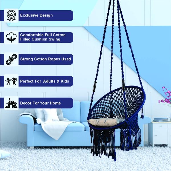 Handcrafted Blue Macrame Round Hanging Swing Chair with Cushion