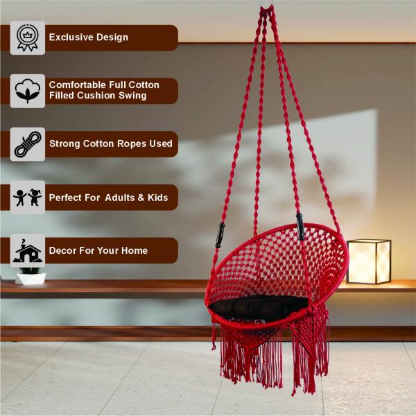Handcrafted Red Macrame Round Hanging Swing Chair with Cushion