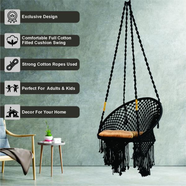 Handcrafted Black Macrame Round Shape Hanging Swing Chair with Cushion