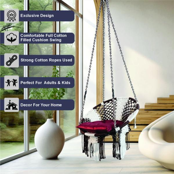 Premium Round Macrame Hanging Swing Chair with Plush Red Cushion