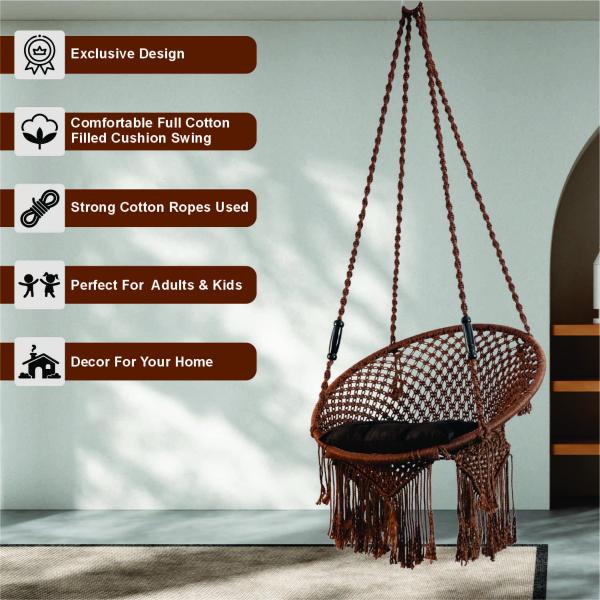 Premium Round Macrame Brown Hanging Swing Chair with Plush Cushion