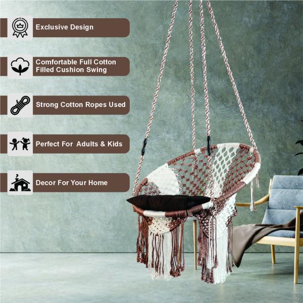 Handcrafted Brown & White Macrame Jula Round Shape Hanging Swing Chair with Cushion