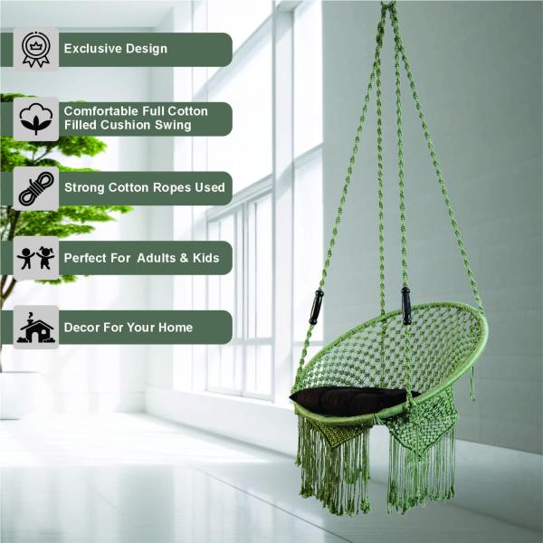 Handcrafted Green Macrame Round Jula Shape Hanging Swing Chair with Cushion