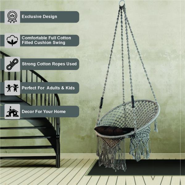 Handcrafted Grey Macrame Jula Hanging Swing Chair with Cushion