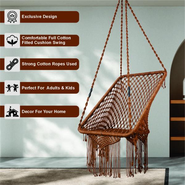 Brown Macrame Hanging Swing Chair with Cushion