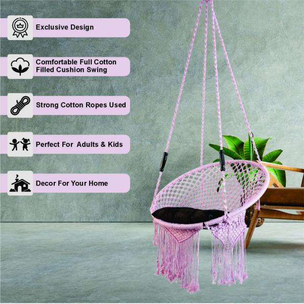 Handcrafted Pink Macrame Jula Hanging Swing Chair with Cushion