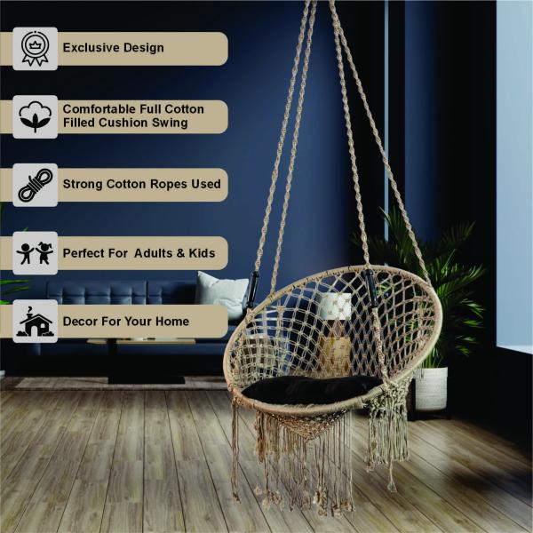 Handcrafted Beige Macrame Jula Hanging Swing Chair with Cushion