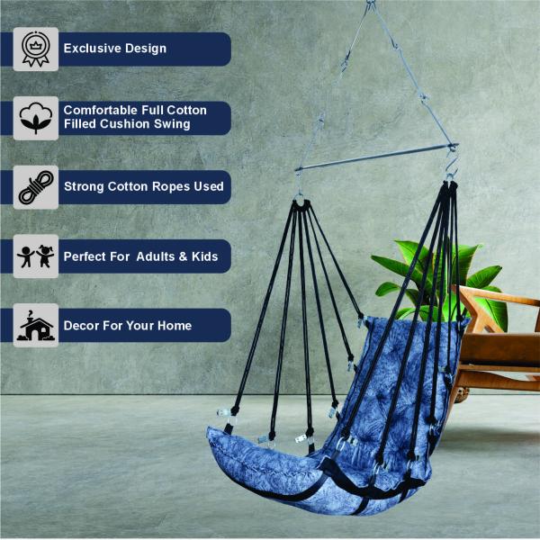 Premium Cotton Rope Hanging Swing Chair Blue Texture Jula with Cushion