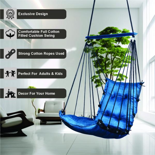 Cotton Rope Hanging Swing Chair with Blue Cushion