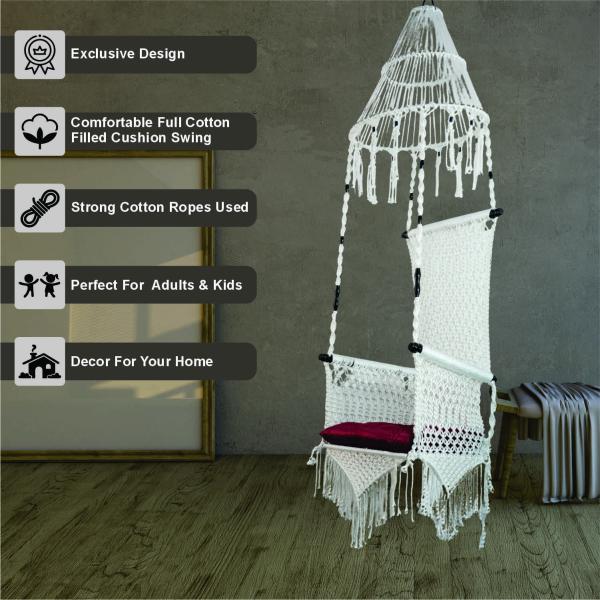 Macrame Hanging Swing White Jumar Shape Chair with Cushion Juljulia