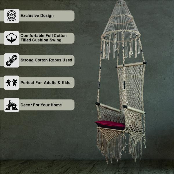 Handcrafted Macrame Hanging Swing Beige Jumar Shape Chair with Cushion | Jula for Indoor & Outdoor