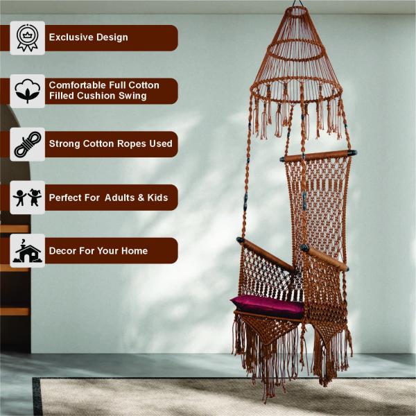 Macrame Hanging Swing Natural Brown Jumar Shape Chair with Cushion | Jula for Home & Balcony