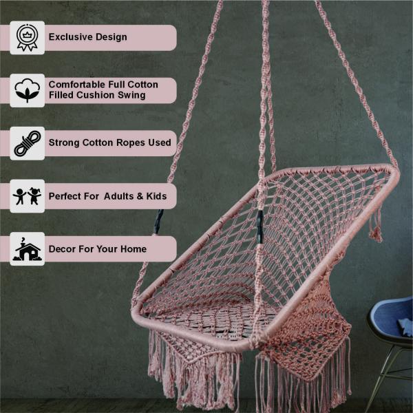 Rose Gold Macrame Hanging Swing Chair with Red Velvet Cushion