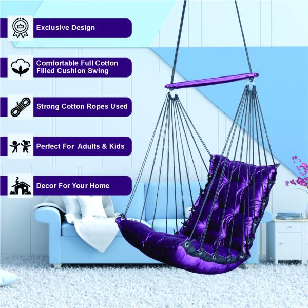 Premium Cotton Rope Hanging Swing Chair with Purple Cushion | Indoor Hammock Swing for Home & Balcony