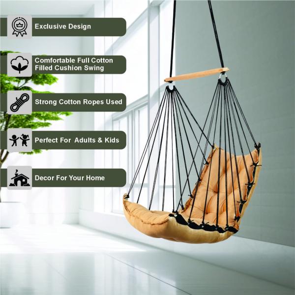 Cotton Rope Hanging Swing Chair with Beige Cushion | Indoor Hammock Swing for Home & Balcony