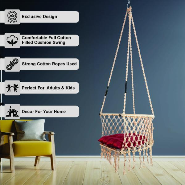 Cream Macrame Hanging Swing Chair with Cushion | Cotton Rope Jula for Indoor & Outdoor | Balcony, Living Room & Garden | Kids & Adults