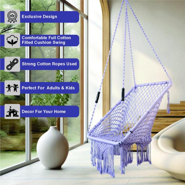 Lavender Macrame Hanging Swing Chair with Red Cushion