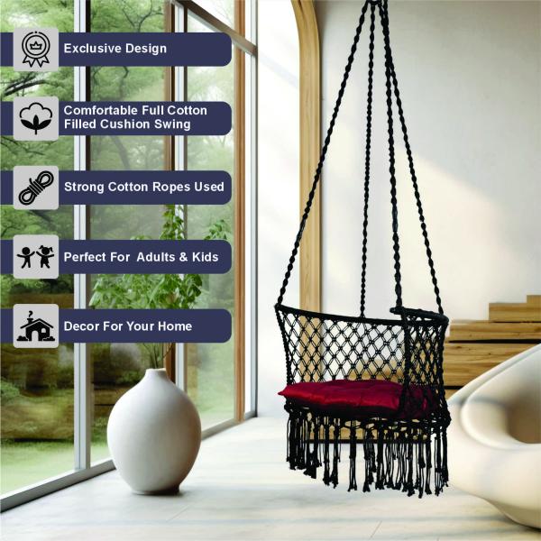 Black Macrame C-Shape Hanging Swing Chair with Cushion | Jula For Indoor & Outdoor | Kids & Adults Relaxation Swing