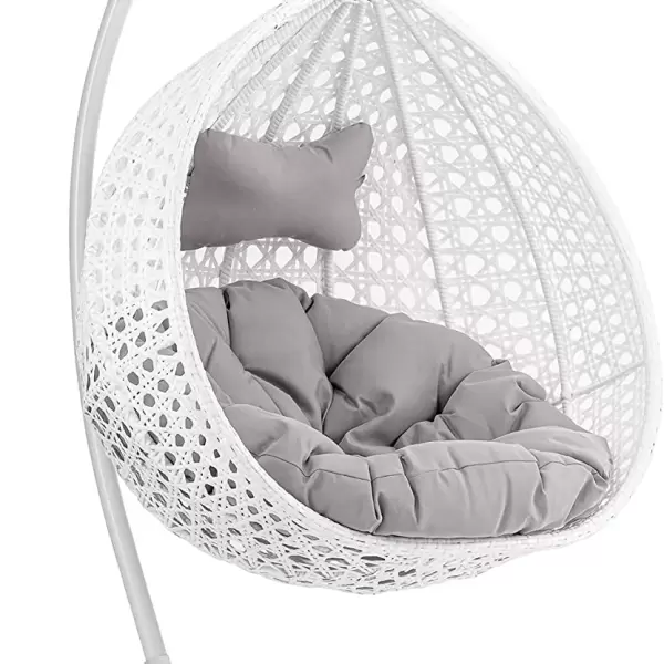 White Egg Swing Chair with Plush Grey Cushions