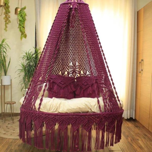 Macrame Cotton Rope Hanging Swing Chair with Cushion – Maroon